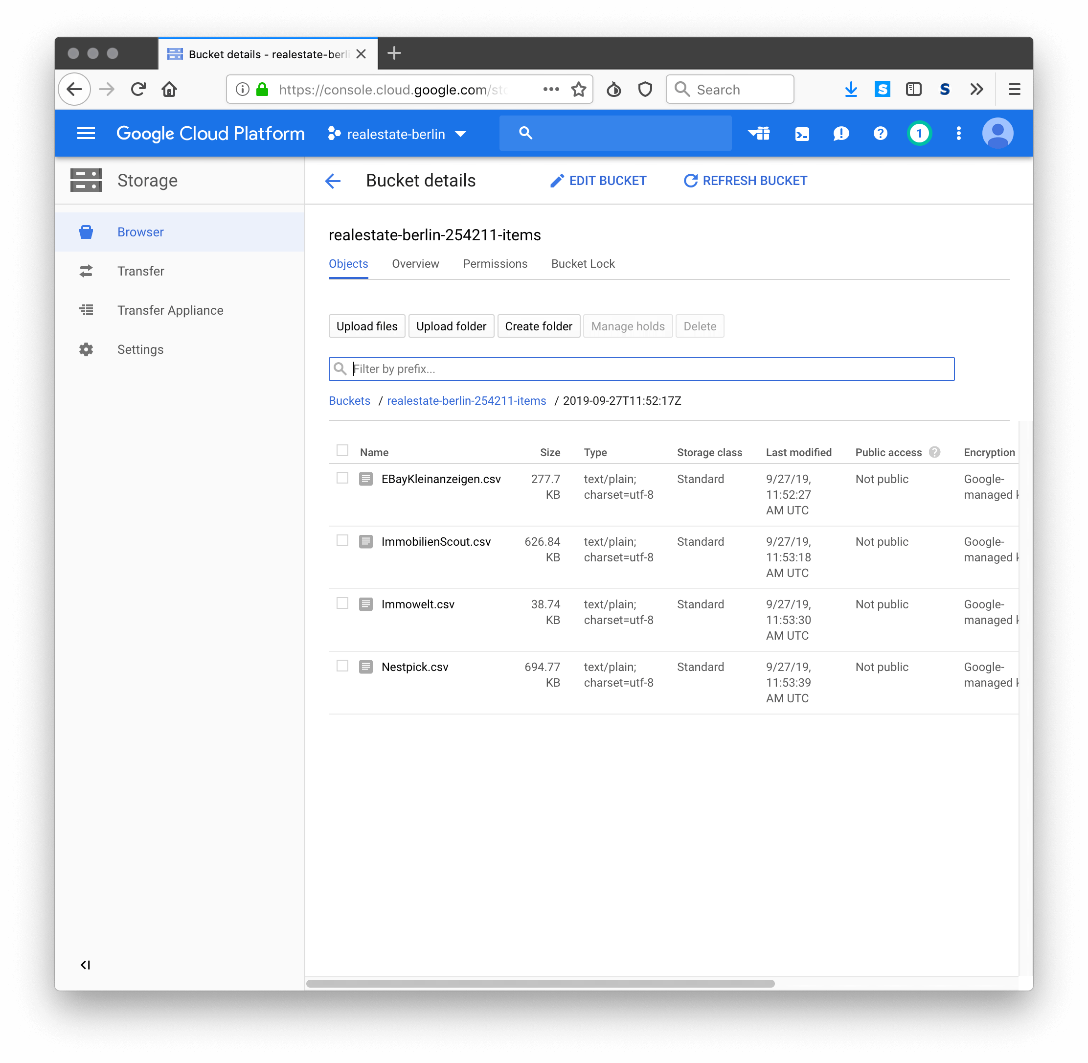 Google Cloud bucket with newly created csv files